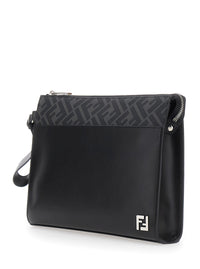 Fendi Men Black Cltuch With Ff Motif And Ff Logo Plaque In Leather Man