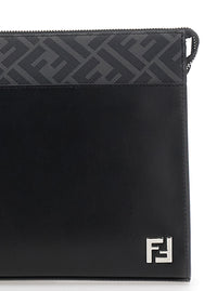 Fendi Men Black Cltuch With Ff Motif And Ff Logo Plaque In Leather Man