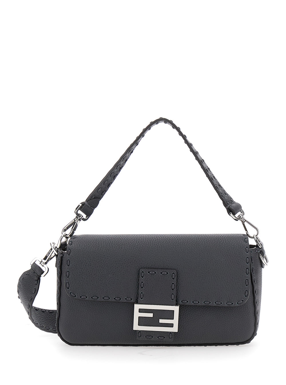 Fendi Men “Baguette” Grey Shoulder Bag With Contrast Stitching In Leather Man