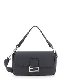 Fendi Men “Baguette” Grey Shoulder Bag With Contrast Stitching In Leather Man