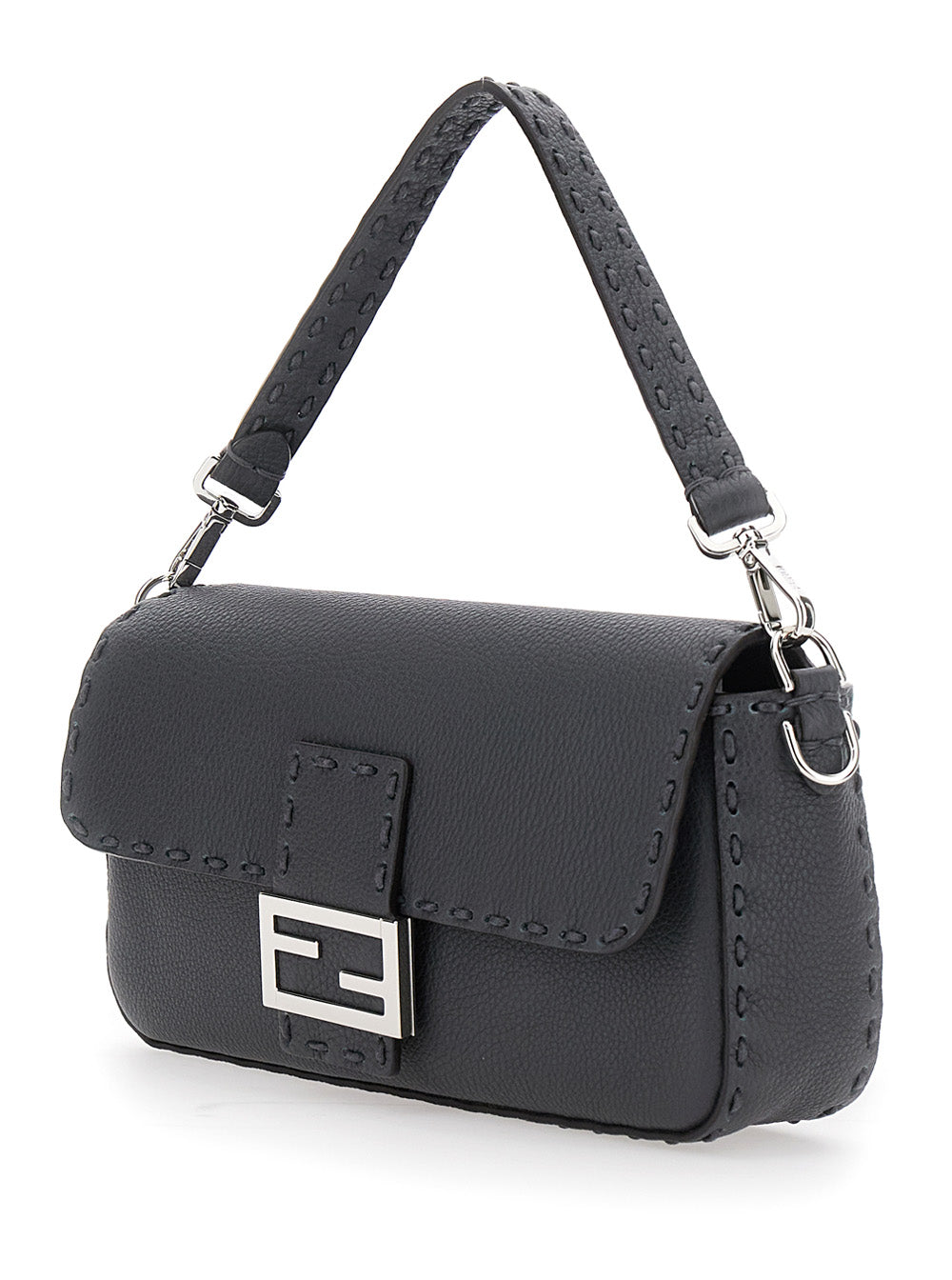 Fendi Men “Baguette” Grey Shoulder Bag With Contrast Stitching In Leather Man