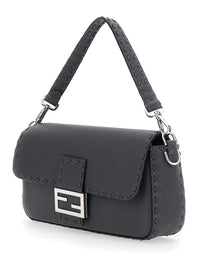 Fendi Men “Baguette” Grey Shoulder Bag With Contrast Stitching In Leather Man
