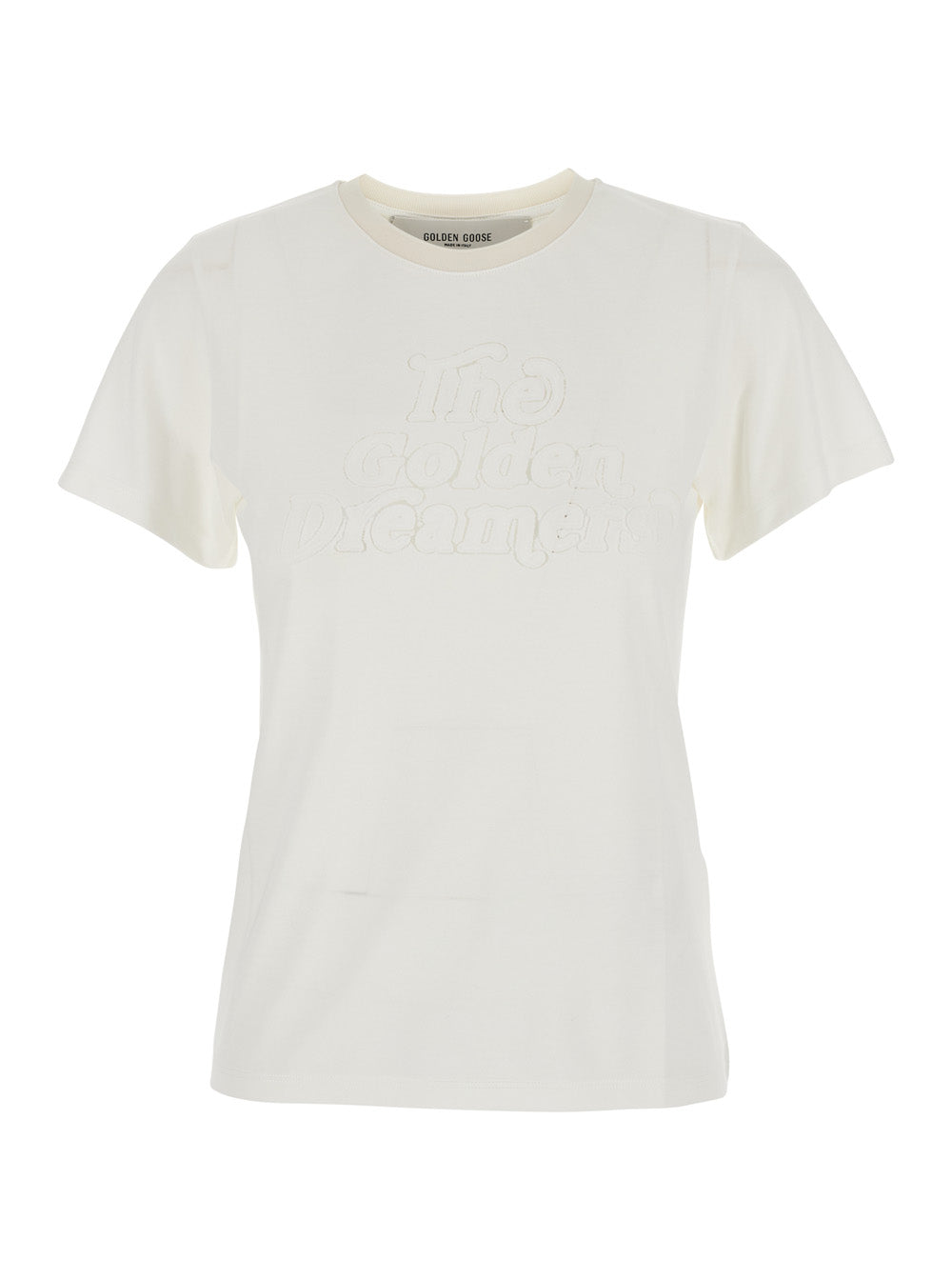 Golden Goose Women White Crew Neck T-Shirt With Embroidery On Front In Fabric Woman
