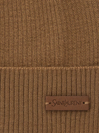 Saint Laurent Women Beige Knit Beanie With Logo Patch On The Front In Wool Woman