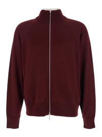 Jil Sander Men Bordeaux Cardigan With High Neck And Front Zip Closure In Wool Man