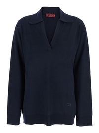 Gucci Women Blue Polo Collar Sweater With Gg Logo On The Front In Wool Woman