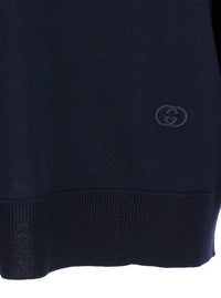 Gucci Women Blue Polo Collar Sweater With Gg Logo On The Front In Wool Woman