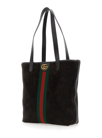 Gucci Men Brown 'Ophidia' Shoulder Bag With Gg Plate On The Front And Web Detail In Gg Supreme Fabric And Leather For Men