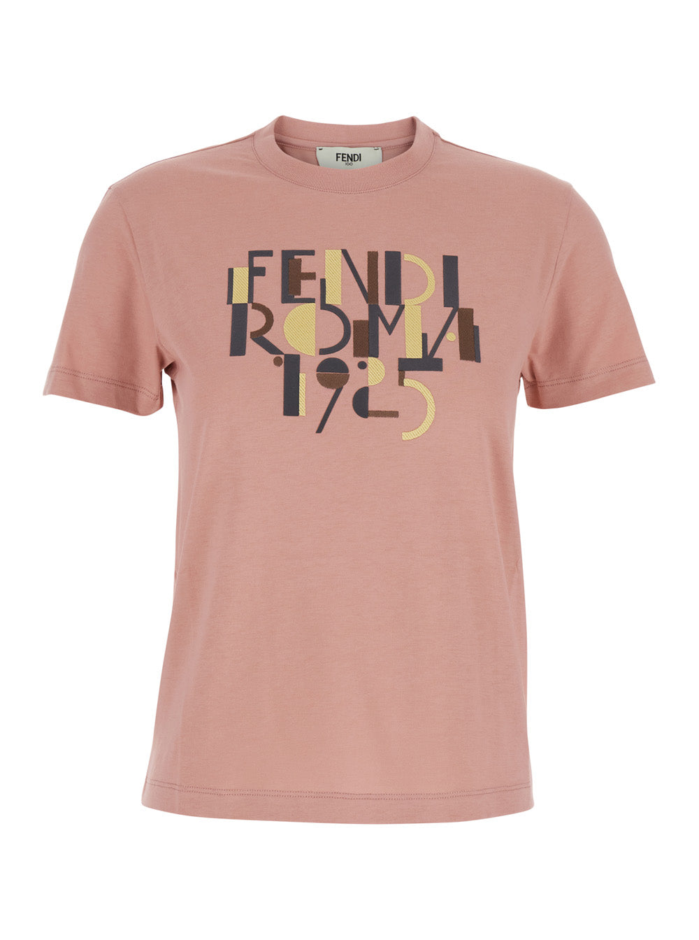 Fendi Women Pink Crewneck T-Shirt With Logo Detail On The Front In Cotton Woman