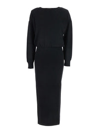 P.A.R.O.S.H. Women Black Round Neck Dress With Draped Waist In Wool Blend Woman