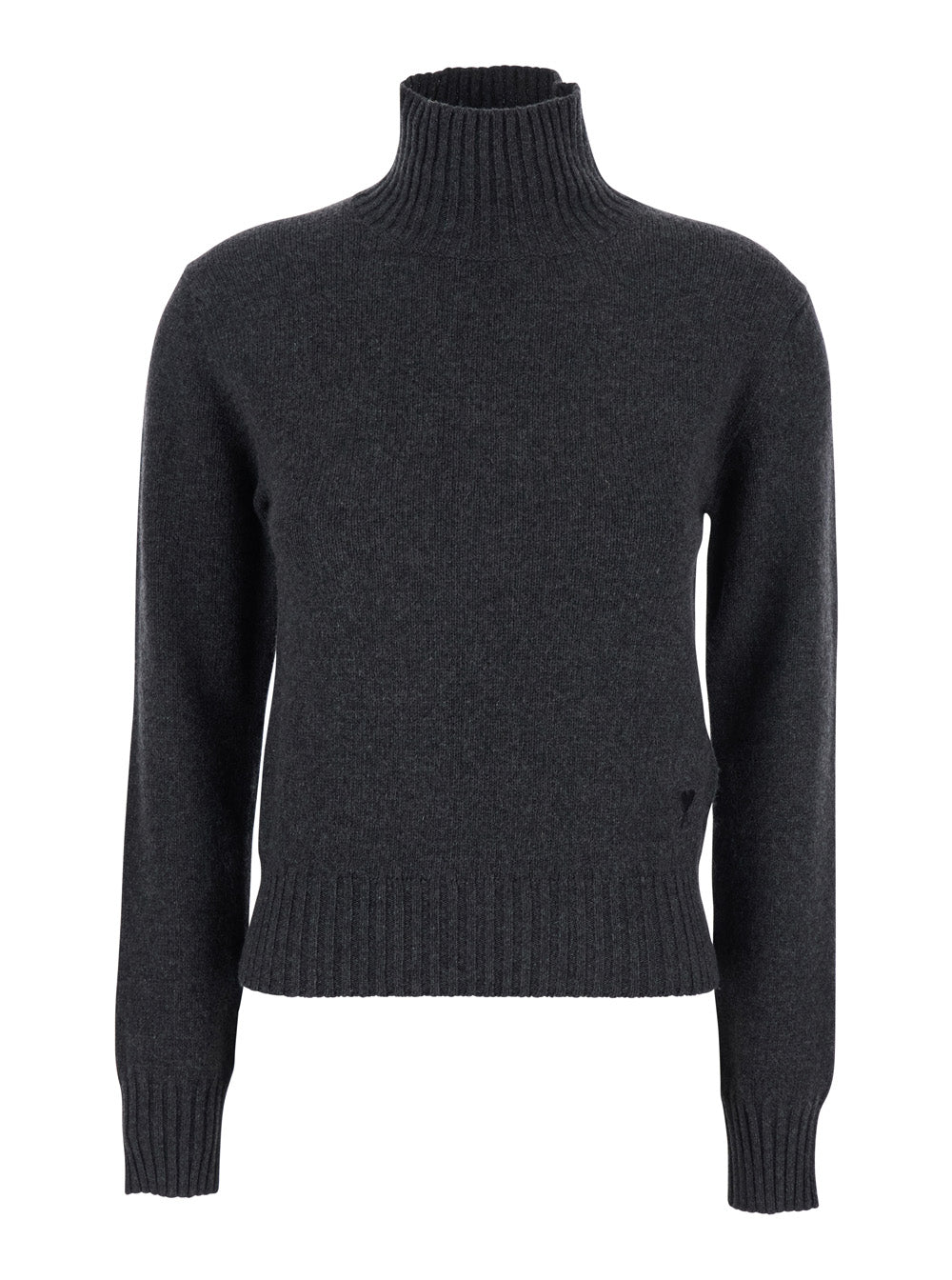 Ami Paris Women Grey Turtleneck Sweater With Ribbed Trims In Cashmere Woman