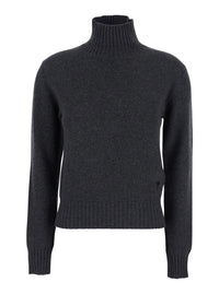 Ami Paris Women Grey Turtleneck Sweater With Ribbed Trims In Cashmere Woman