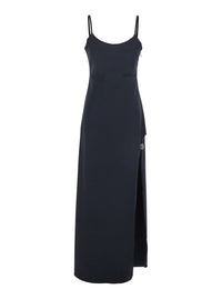 Coperni Women Black Long Dress With Thin Straps And Side Logo Plaque In Fabric Woman