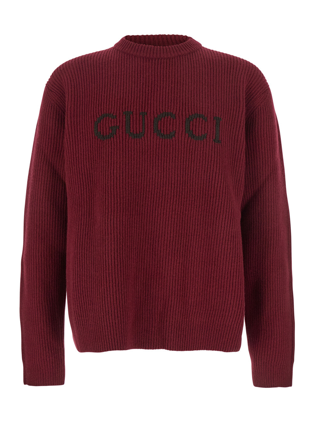 Gucci Men Bordeaux Crewneck Sweater With Logo Lettering Embroidery On The Front In Wool Man