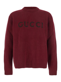 Gucci Men Bordeaux Crewneck Sweater With Logo Lettering Embroidery On The Front In Wool Man