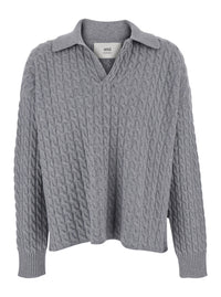 Ami Paris Men Grey Polo Shirt With Woven Design In Wool Man