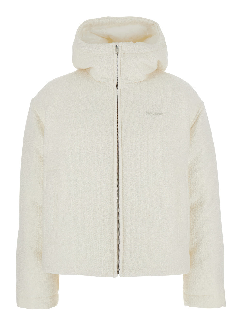 Gucci Women White Wool Bomber Jacket With Fixed Hood And Logo Lettering On The Front