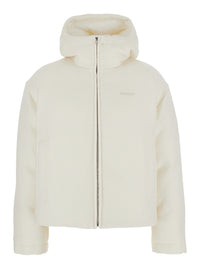 Gucci Women White Wool Bomber Jacket With Fixed Hood And Logo Lettering On The Front