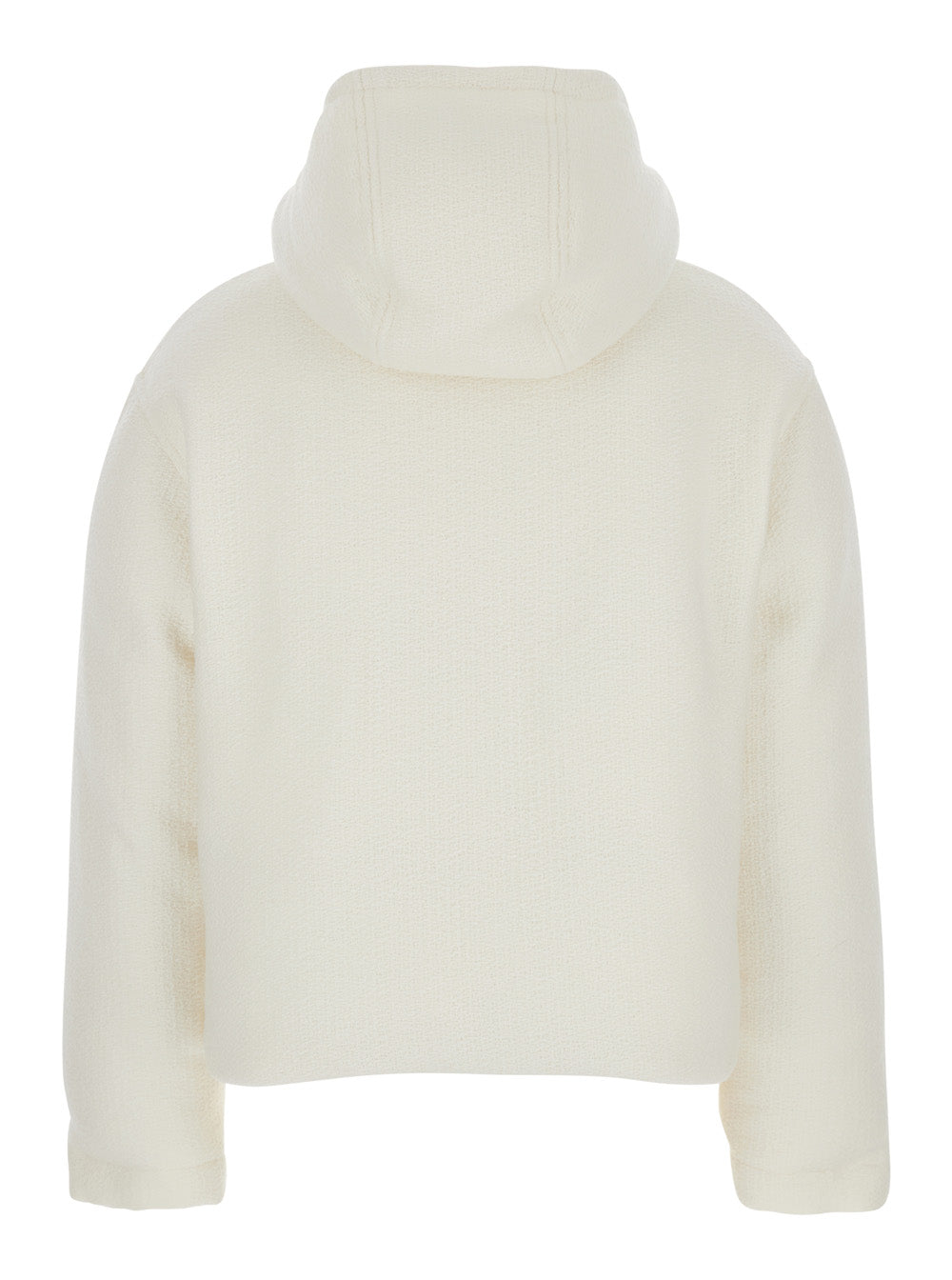 Gucci Women White Wool Bomber Jacket With Fixed Hood And Logo Lettering On The Front