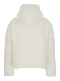 Gucci Women White Wool Bomber Jacket With Fixed Hood And Logo Lettering On The Front