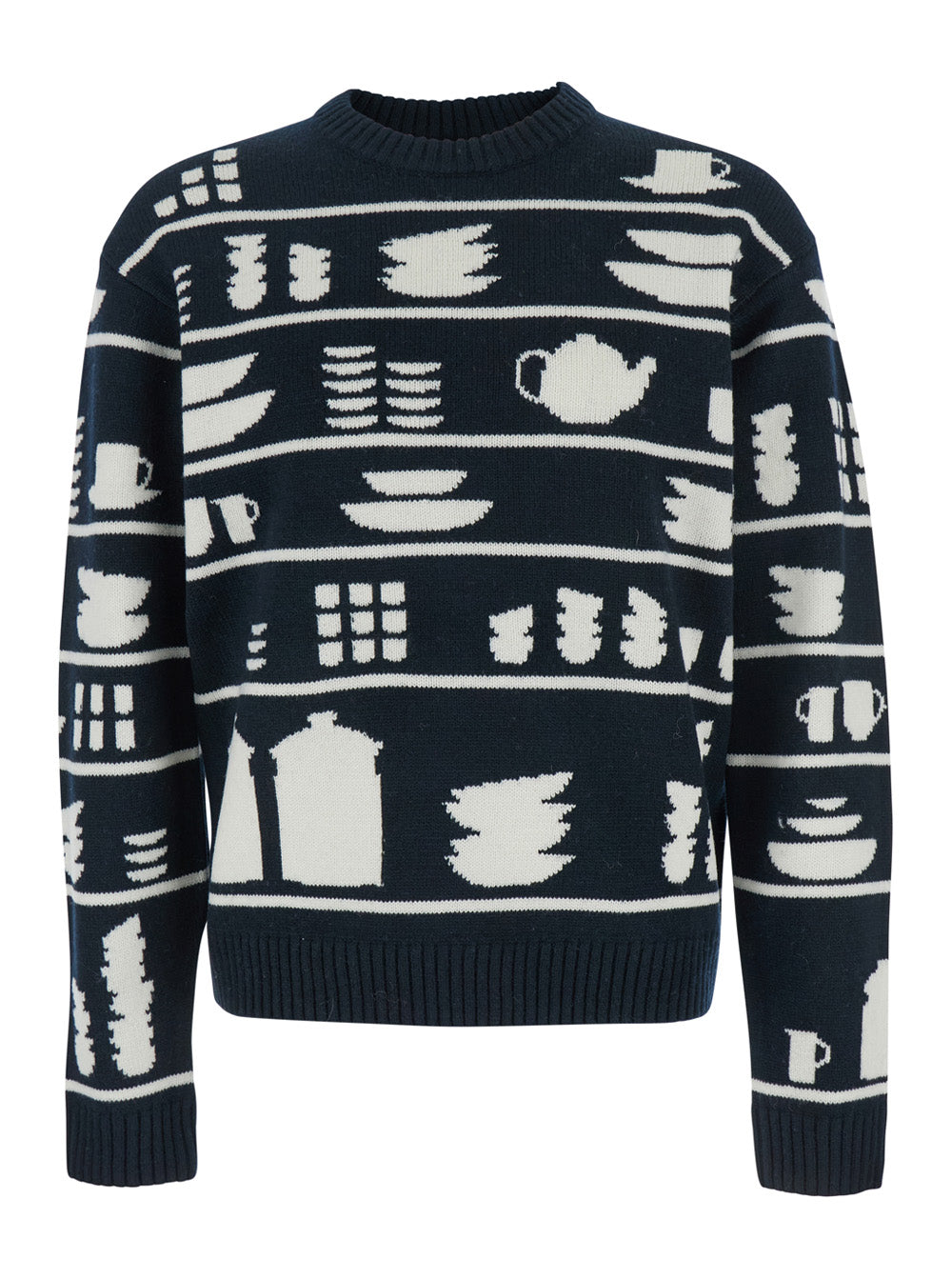 Jw Anderson Men Black And White Crewneck Sweater With Tableware Motif In Wool Man
