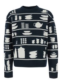 Jw Anderson Men Black And White Crewneck Sweater With Tableware Motif In Wool Man