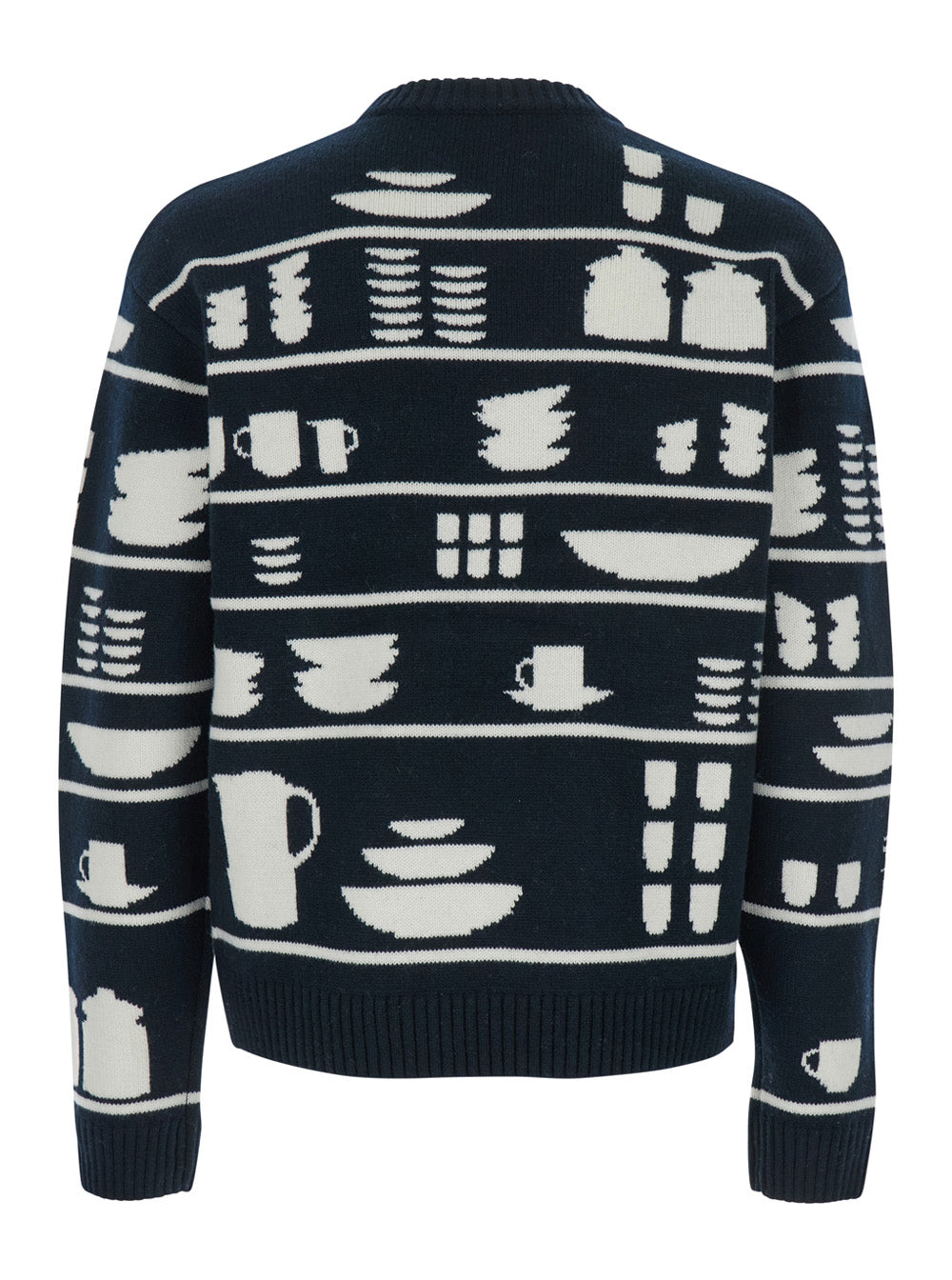 Jw Anderson Men Black And White Crewneck Sweater With Tableware Motif In Wool Man