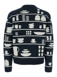 Jw Anderson Men Black And White Crewneck Sweater With Tableware Motif In Wool Man