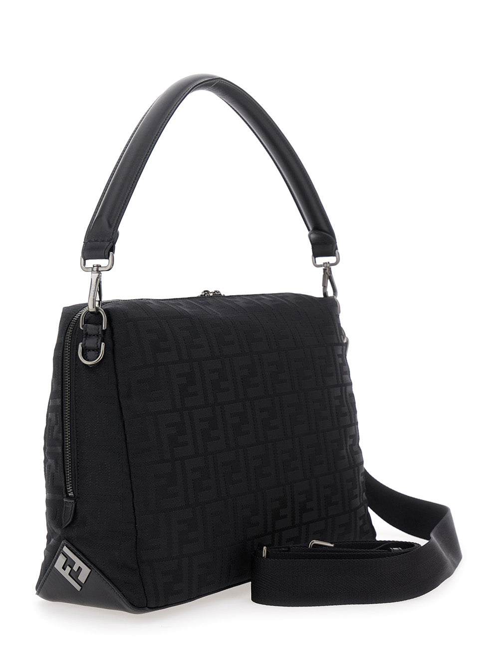 Fendi Men 'Lui Large' Black Shoulder Bag With All-Over Ff Motif In Tech Fabric Man