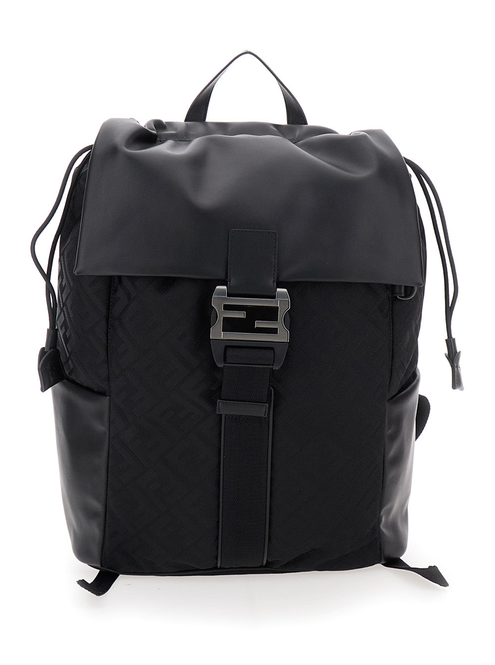 Fendi Men Black Backpack With Logo Plaque And All-Over Ff Motif In Nylon Man