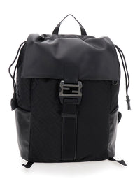 Fendi Men Black Backpack With Logo Plaque And All-Over Ff Motif In Nylon Man