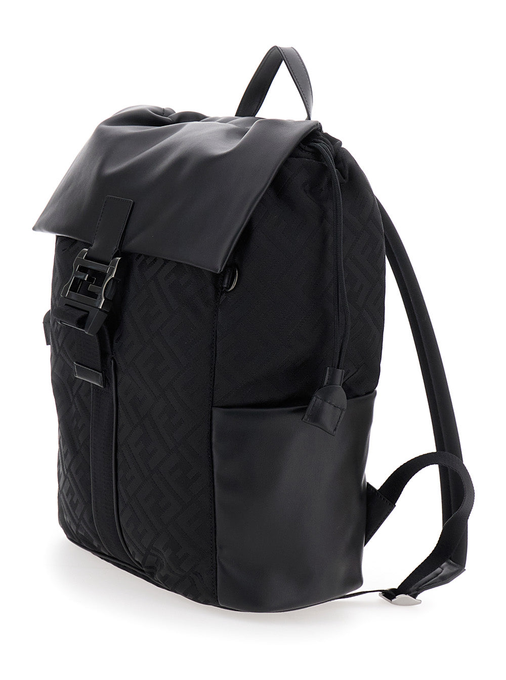 Fendi Men Black Backpack With Logo Plaque And All-Over Ff Motif In Nylon Man