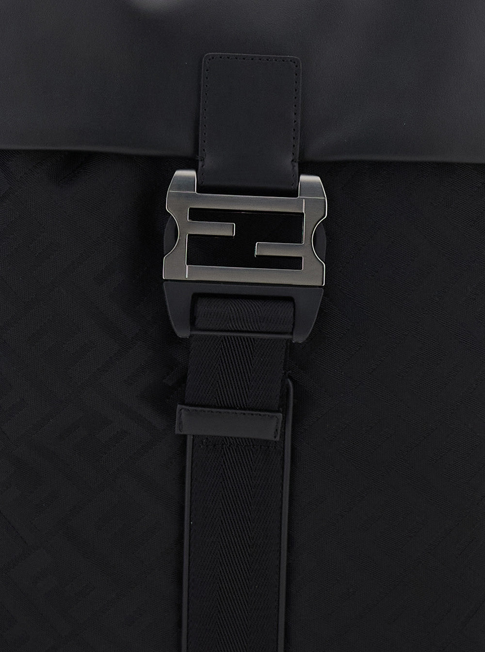 Fendi Men Black Backpack With Logo Plaque And All-Over Ff Motif In Nylon Man
