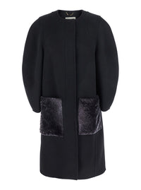FENDI Fendi Women Black Crewneck Coat With Puffed Sleeves And Two Front Shearling Pockets In Wool Blend Woman