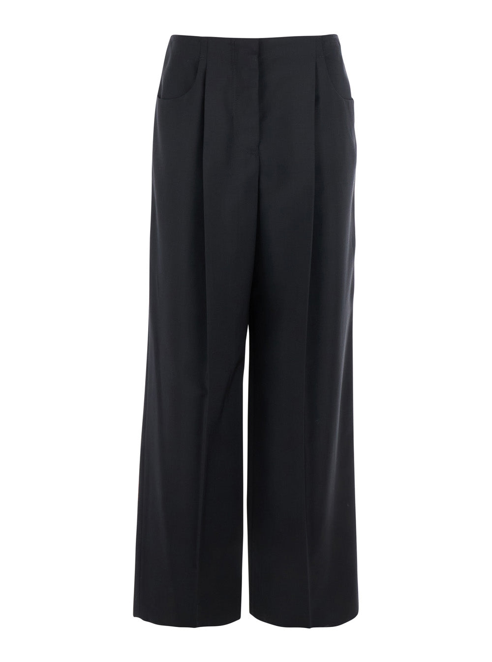 Fendi Women Black Pants With Front Pences And Wide Leg In Wool Woman