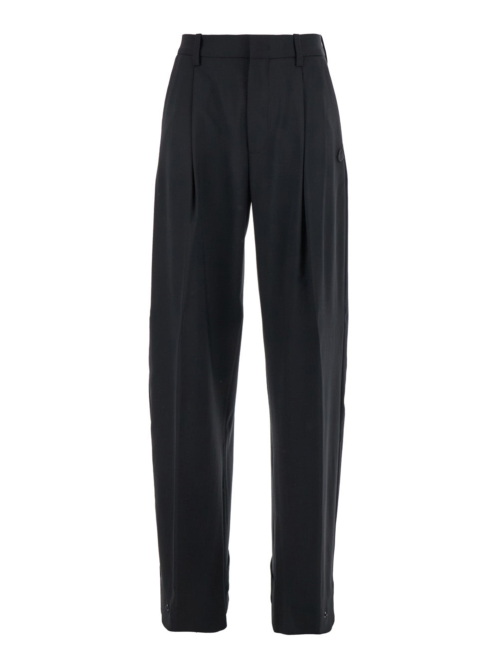 Moncler Genius Women Black Trousers With Pleats On The Front And Side Logo Patch In Stretch Tech Wool Woman