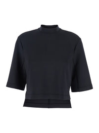 Moncler Genius Women Black Crew Neck T-Shirt With Logo Patch Applied On The Back In Tech Fabric Woman