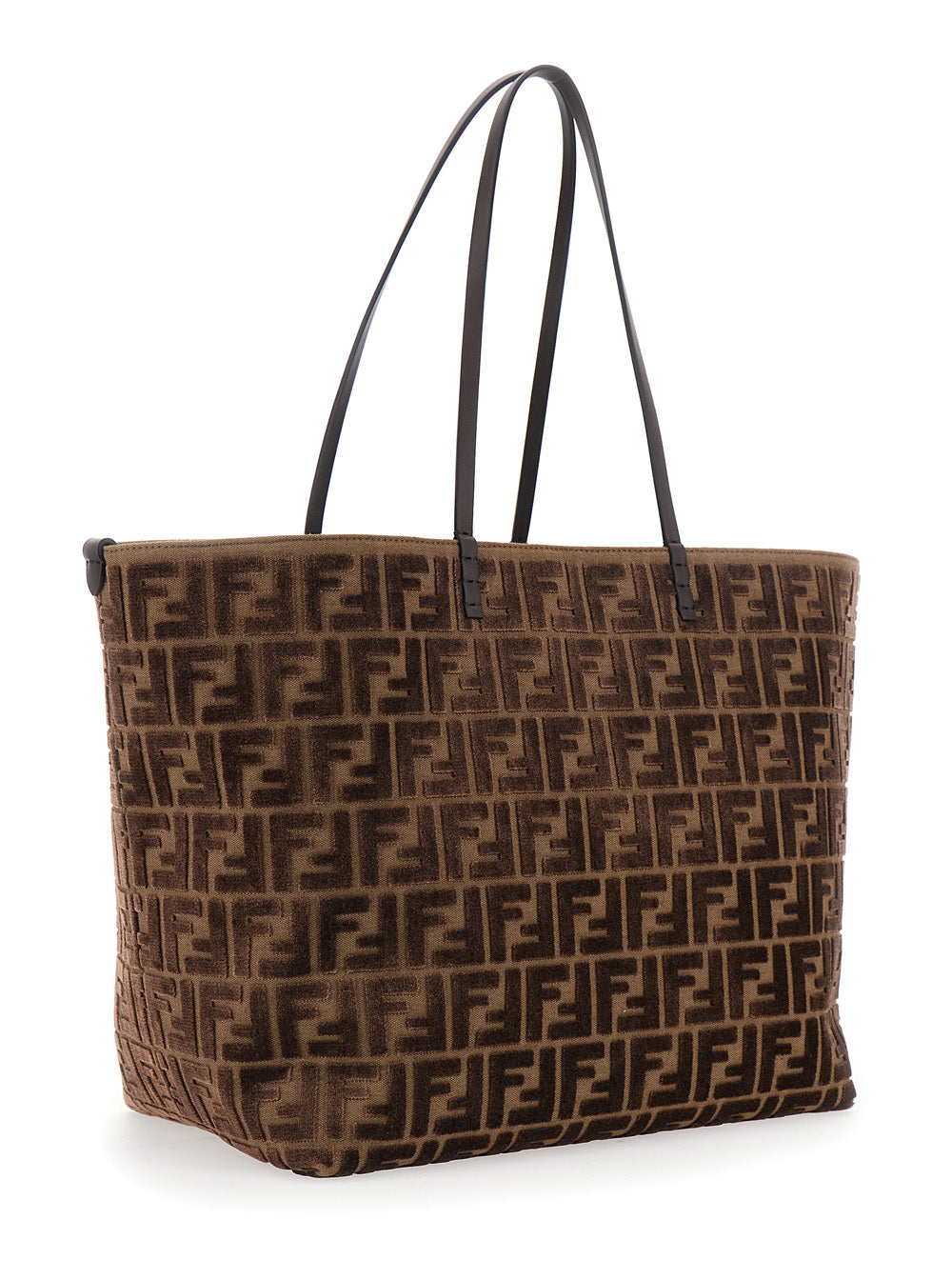 Fendi Women 'Roll Large' Brown Shopper With All-Over Ff Motif In Cotton Blend With Sponge Effect Woman