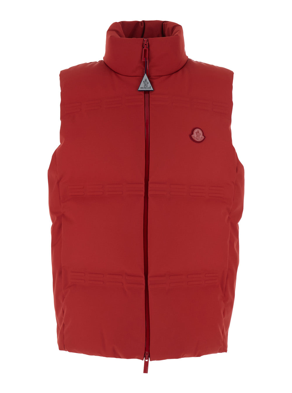 Moncler Genius Men 'Sparky' Red Sleeveless Down Jacket With Slogan Print On The Collar And Logo Patch On The Front In Tech Fabric Stretch Man