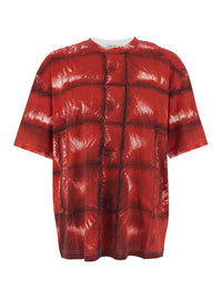 Moncler Genius Men Red Crewneck T-Shirt With Quilted Effect Graphic Print On The Front And Logo Lettering On The Rear In Cotton Man