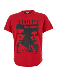 Dsquared2 Men 'D2 X Magliano' Red Crewneck T-Shirt With Maxi Print On The Front In Cotton Man
