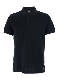 Fendi Men Black Polo Shirt With Logo Patch On The Front In Cotton Pique Man