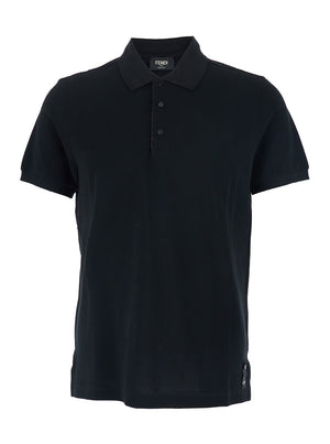Fendi Men Black Polo Shirt With Logo Patch On The Front In Cotton Pique Man image
