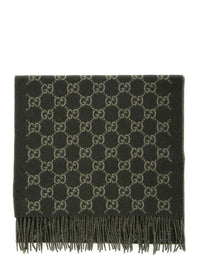 GUCCI Gucci Men Green Scarf With Fringed Hem And Gg Motif Jacquard In Cashmere Man