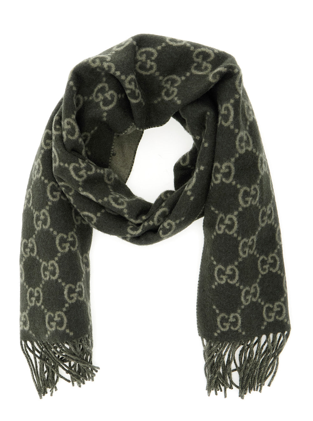 GUCCI Gucci Men Green Scarf With Fringed Hem And Gg Motif Jacquard In Cashmere Man