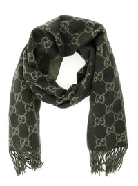 GUCCI Gucci Men Green Scarf With Fringed Hem And Gg Motif Jacquard In Cashmere Man