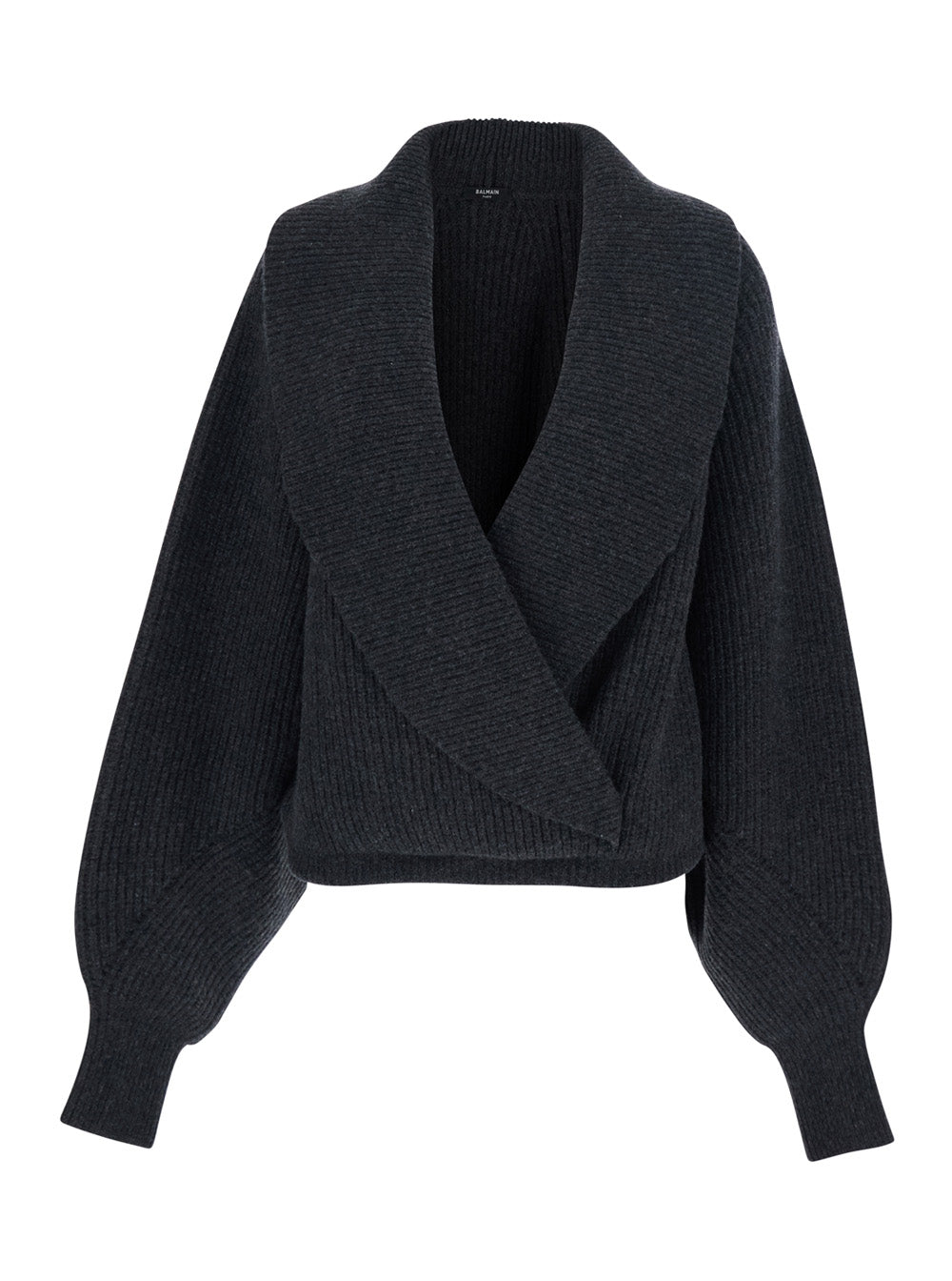 Balmain Women Grey Sweater With Weap Effect And Wide Revers In Wool Woman