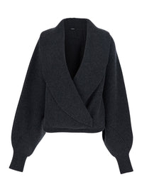 Balmain Women Grey Sweater With Weap Effect And Wide Revers In Wool Woman