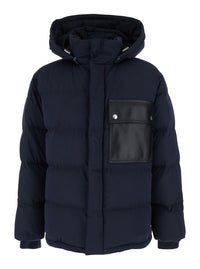 Bottega Veneta Men Blue Hooded Down Jacket With Intreccio Motif Leather Patches In Cotton Blend Man