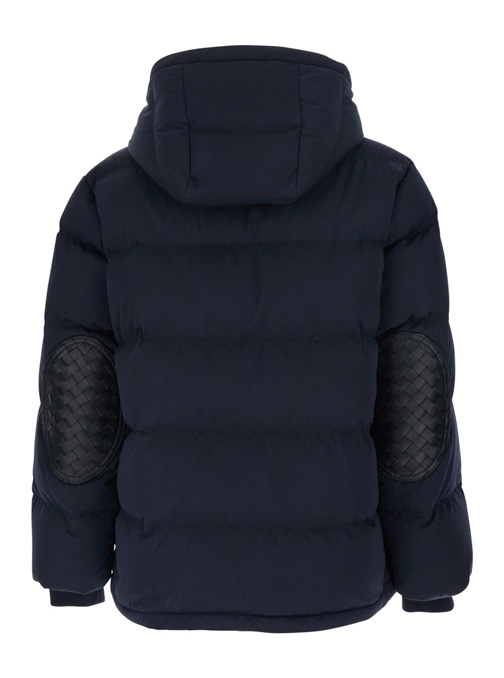 Bottega Veneta Men Blue Hooded Down Jacket With Intreccio Motif Leather Patches In Cotton Blend Man